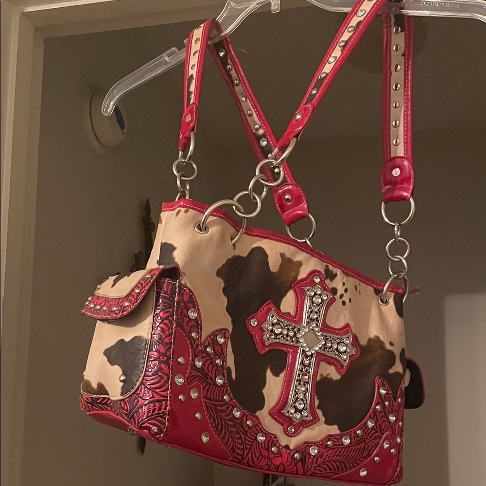 Studded Cross Design Red and Tan Women's Bag